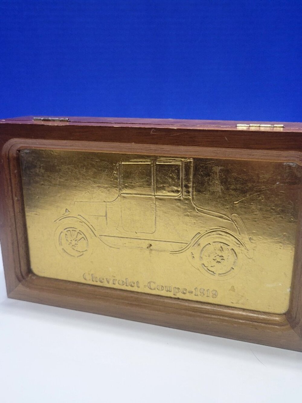 Vintage Wood Jewelry Box with Gold Embossed 1919 Chevrolet Coupe Lid
